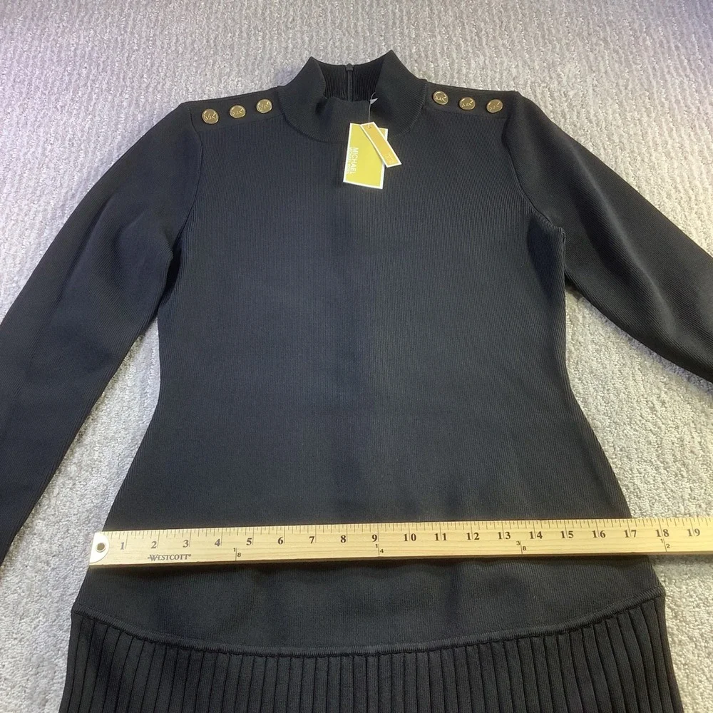 Michael Kors Black Pleated Knit Mock Neck Dress Gold Button Womens Size‎ L NWT